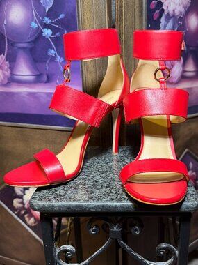 Michael Kors Red Leather Gold Hardware Ankle Cuff Stiletto Heels Size 10